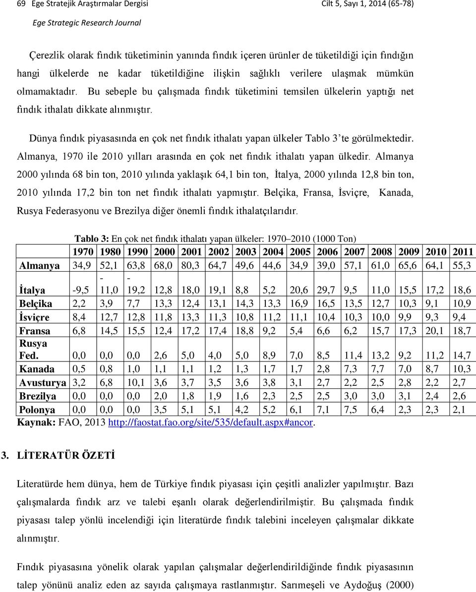 Dünya fındık piyasasında en çok net fındık ithalatı yapan ülkeler Tablo te görülmektedir. Almanya, 1 ile 21 yılları arasında en çok net fındık ithalatı yapan ülkedir.