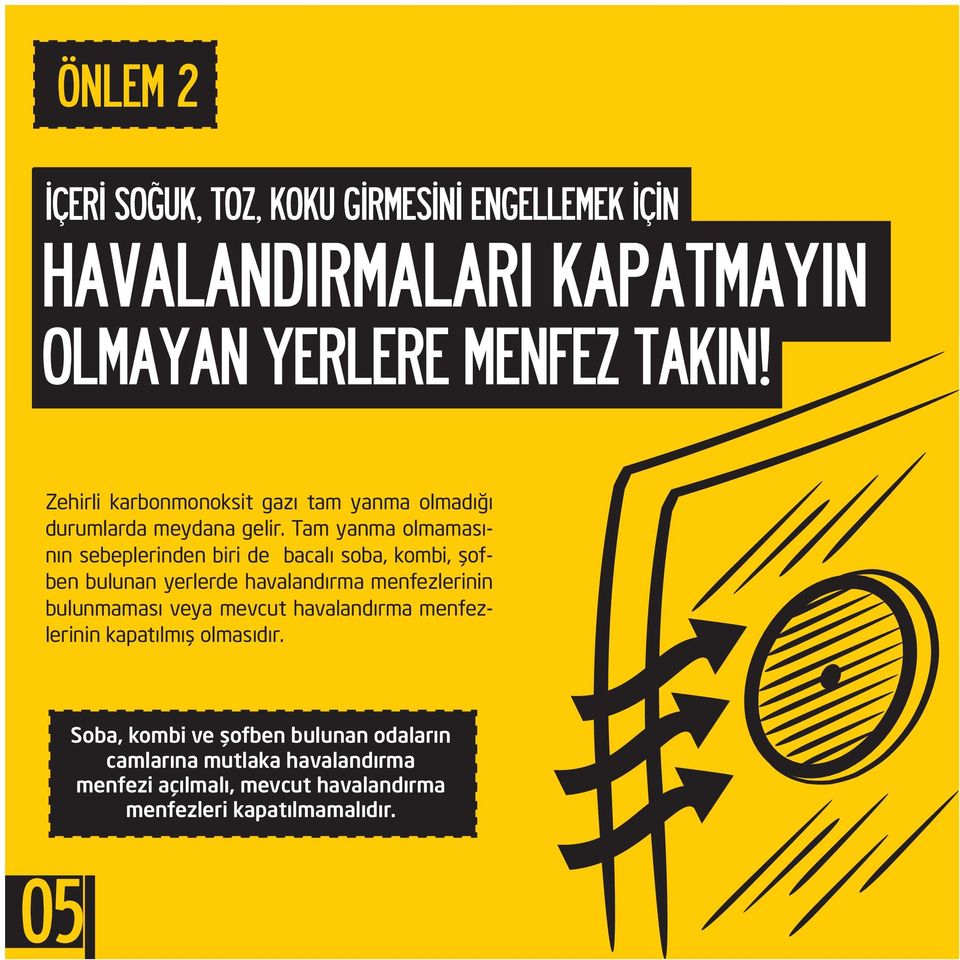 Tam yanma olmamasının sebeplerinden biri de bacalı soba, kombi, şofben bulunan yerlerde havalandırma menfezlerinin bulunmaması