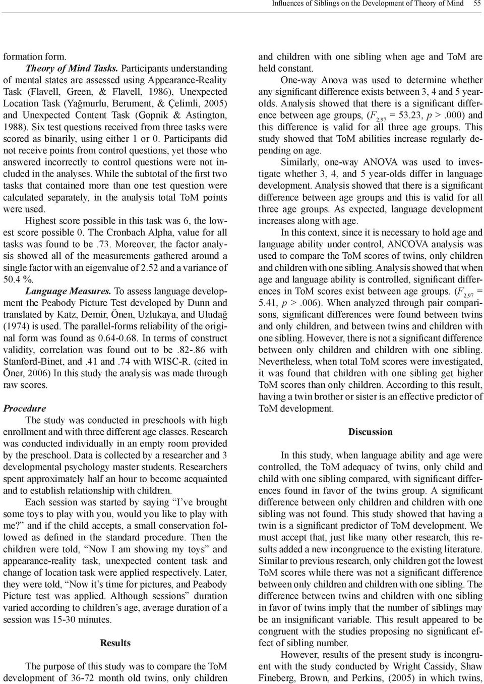 Content Task (Gopnik & Astington, 1988). Six test questions received from three tasks were scored as binarily, using either 1 or 0.