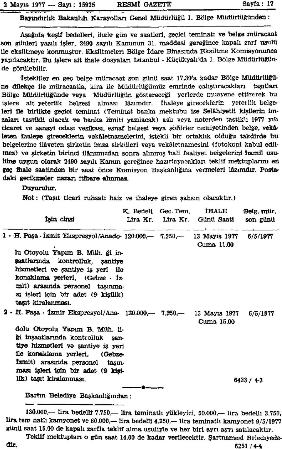 maddesi gereğince kapalı zarf usulü ile eksiltmeye konmuştur. Eksiltmeleri Bölge İdare Binasında Eksütme Komisyonunca yapılacaktır. Bu işlere ait ihale dosyalan istanbul - Küçükyalı'da 1.