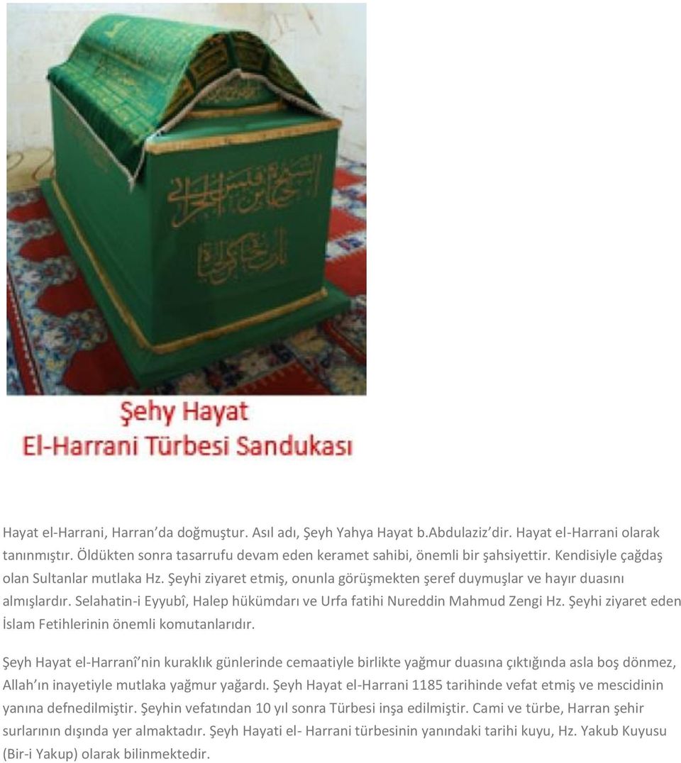 Selahatin-i Eyyubî, Halep hükümdarı ve Urfa fatihi Nureddin Mahmud Zengi Hz. Şeyhi ziyaret eden İslam Fetihlerinin önemli komutanlarıdır.