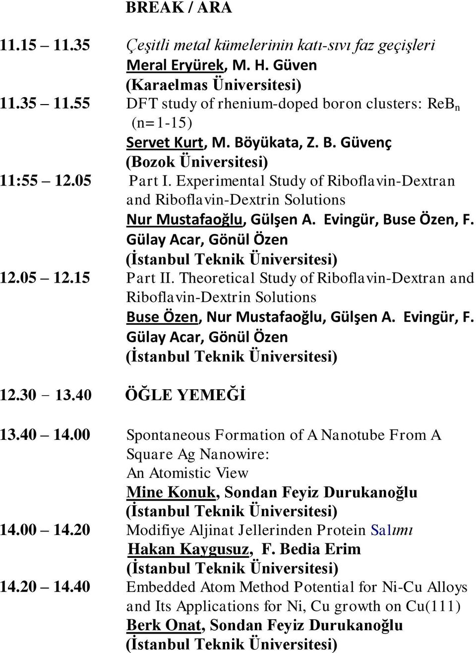 Experimental Study of Riboflavin-Dextran and Riboflavin-Dextrin Solutions Nur Mustafaoğlu, Gülşen A. Evingür, Buse Özen, F. Gülay Acar, Gönül Özen (İstanbul Teknik Üniversitesi) 12.05 12.15 Part II.