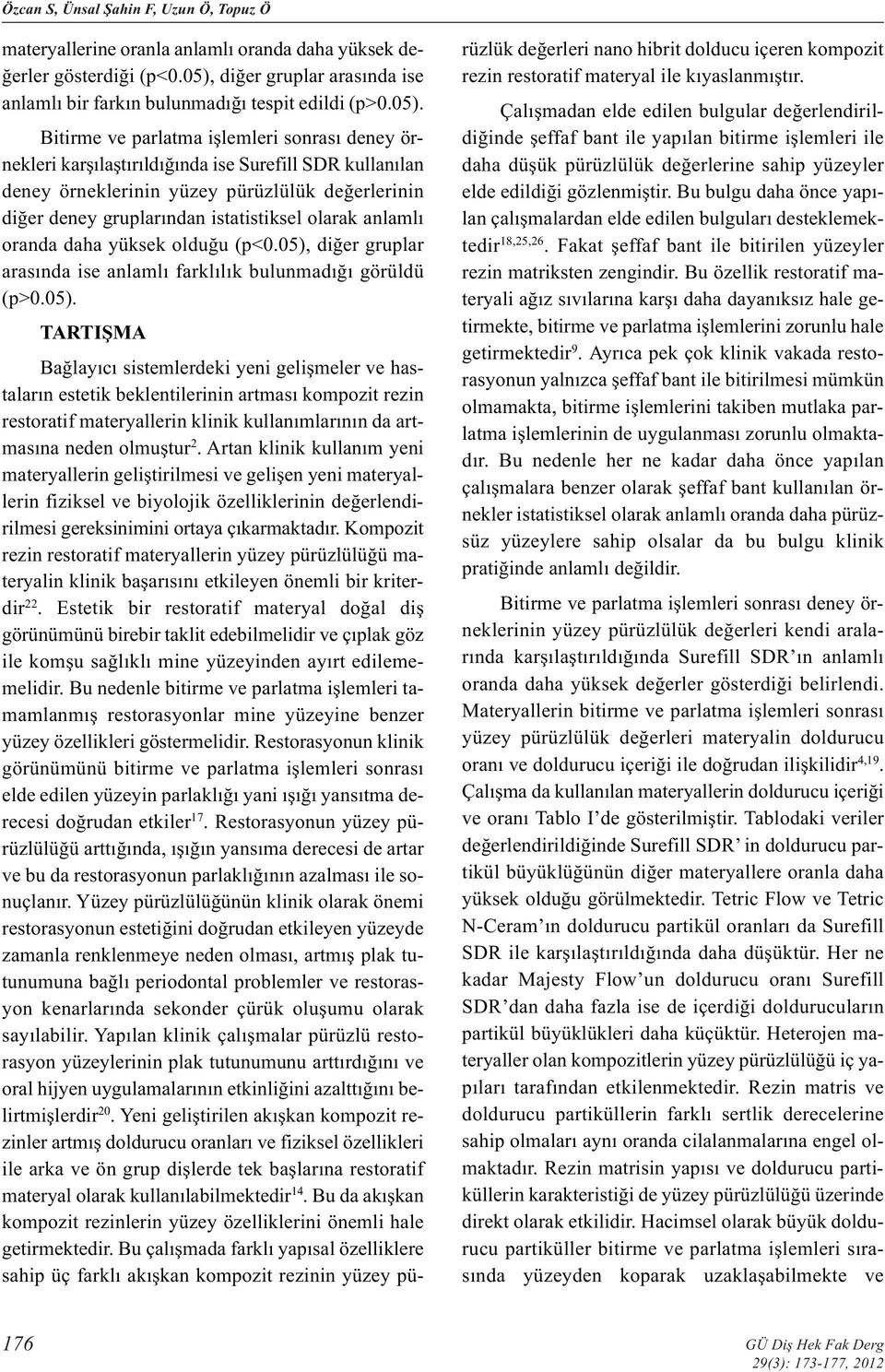 Bitirme ve parlatma işlemleri sonrası deney örnekleri karşılaştırıldığında ise Surefill SDR kullanılan deney örneklerinin yüzey pürüzlülük değerlerinin diğer deney gruplarından istatistiksel olarak