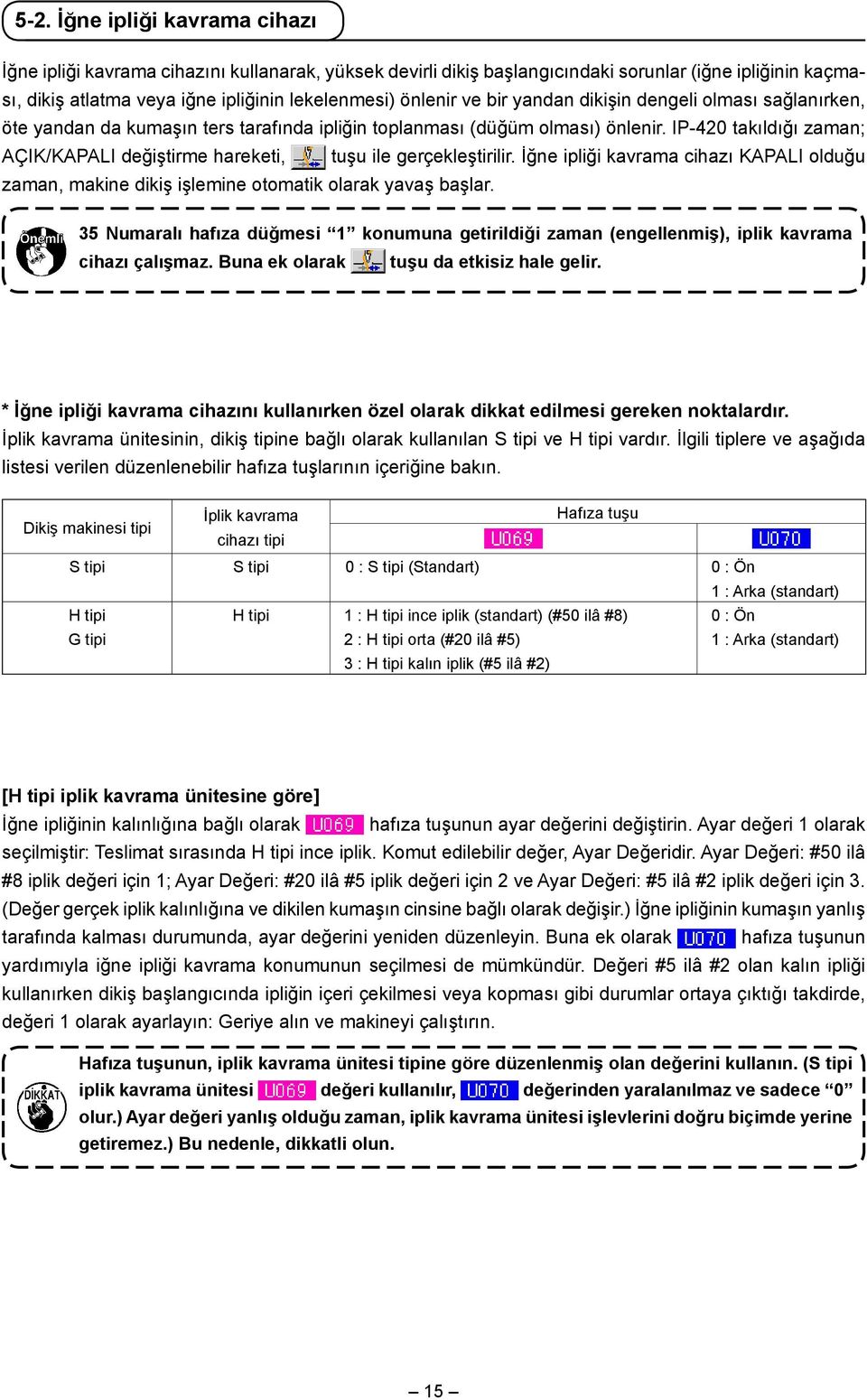 IP-420 takıldığı zaman; ÇIK/KPLI değiştirme hareketi, tuşu ile gerçekleştirilir. İğne ipliği kavrama cihazı KPLI olduğu zaman, makine dikiş işlemine otomatik olarak yavaş başlar.