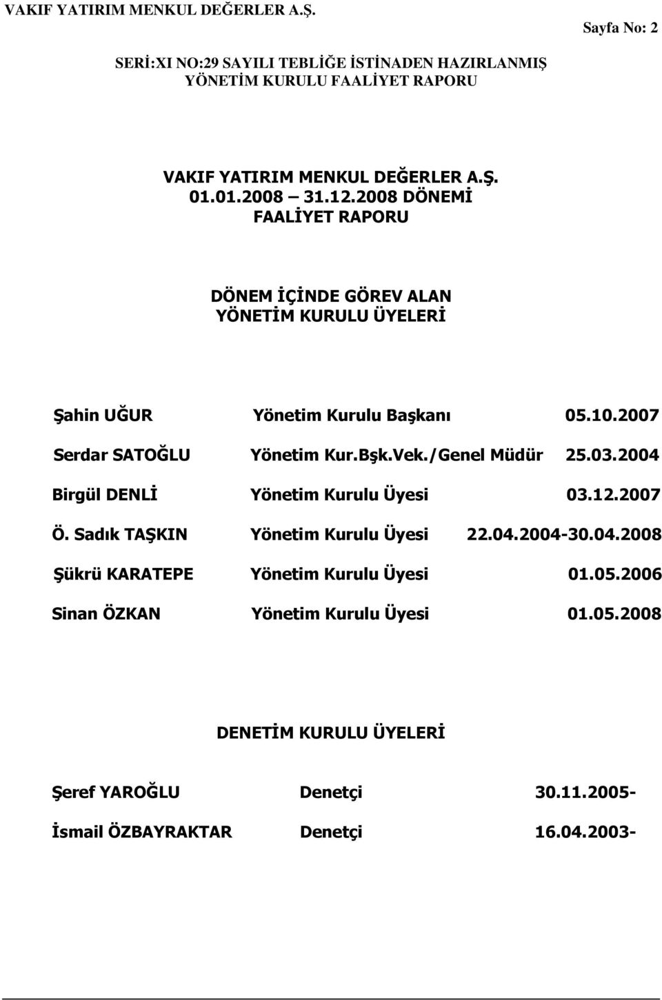 2007 Serdar SATOĞLU Yönetim Kur.Bşk.Vek./Genel Müdür 25.03.2004 Birgül DENLĐ Yönetim Kurulu Üyesi 03.12.2007 Ö.