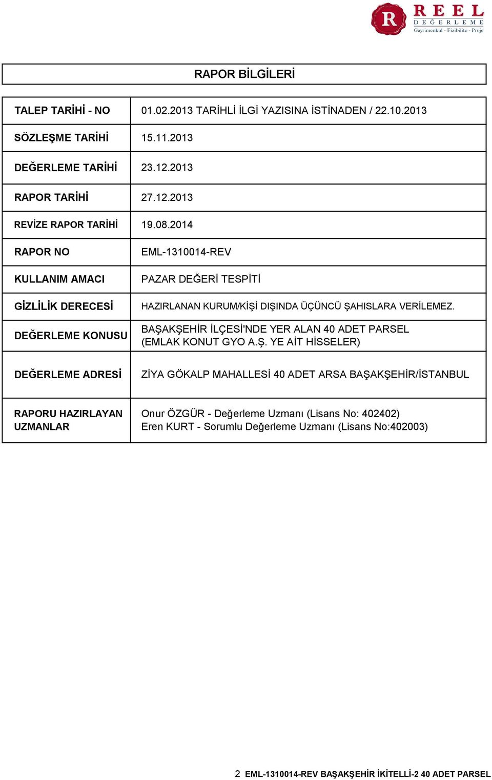 BAŞAKŞEHİR İLÇESİ'NDE YER ALAN 40 ADET PARSEL (EMLAK KONUT GYO A.Ş. YE AİT HİSSELER) DEĞERLEME ADRESİ ZİYA GÖKALP MAHALLESİ 40 ADET ARSA BAŞAKŞEHİR/İSTANBUL RAPORU HAZIRLAYAN