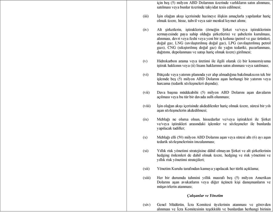 sermayesinde paya sahip olduğu şirketlerin) ve şubelerin kurulması, alınması, devri veya feshi veya yeni bir iş koluna (petrol ve gaz ürünleri, doğal gaz, LNG (sıvılaştırılmış doğal gaz), LPG