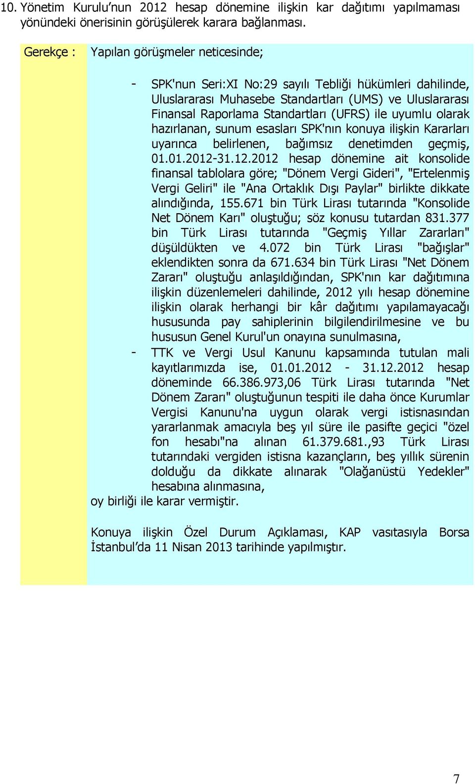 ile uyumlu olarak hazırlanan, sunum esasları SPK'nın konuya ilişkin Kararları uyarınca belirlenen, bağımsız denetimden geçmiş, 01.01.2012-