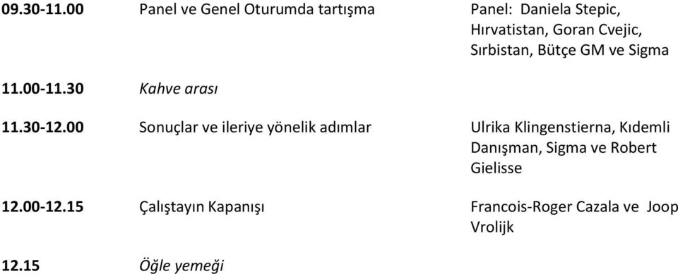 Sırbistan, Bütçe GM ve Sigma 11.00-11.30 Kahve arası 11.30-12.