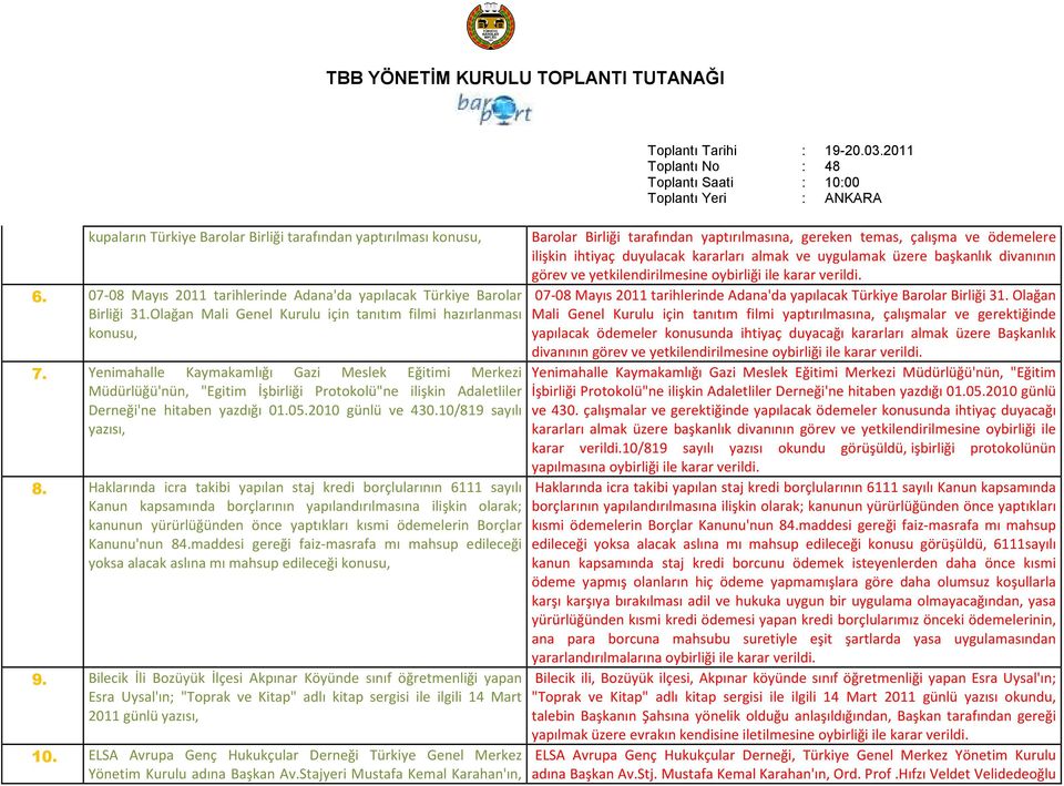 Yenimahalle Kaymakamlığı Gazi Meslek Eğitimi Merkezi Müdürlüğü'nün, "Egitim İşbirliği Protokolü"ne ilişkin Adaletliler Derneği'ne hitaben yazdığı 01.05.2010 günlü ve 430.10/819 sayılı yazısı, 8.