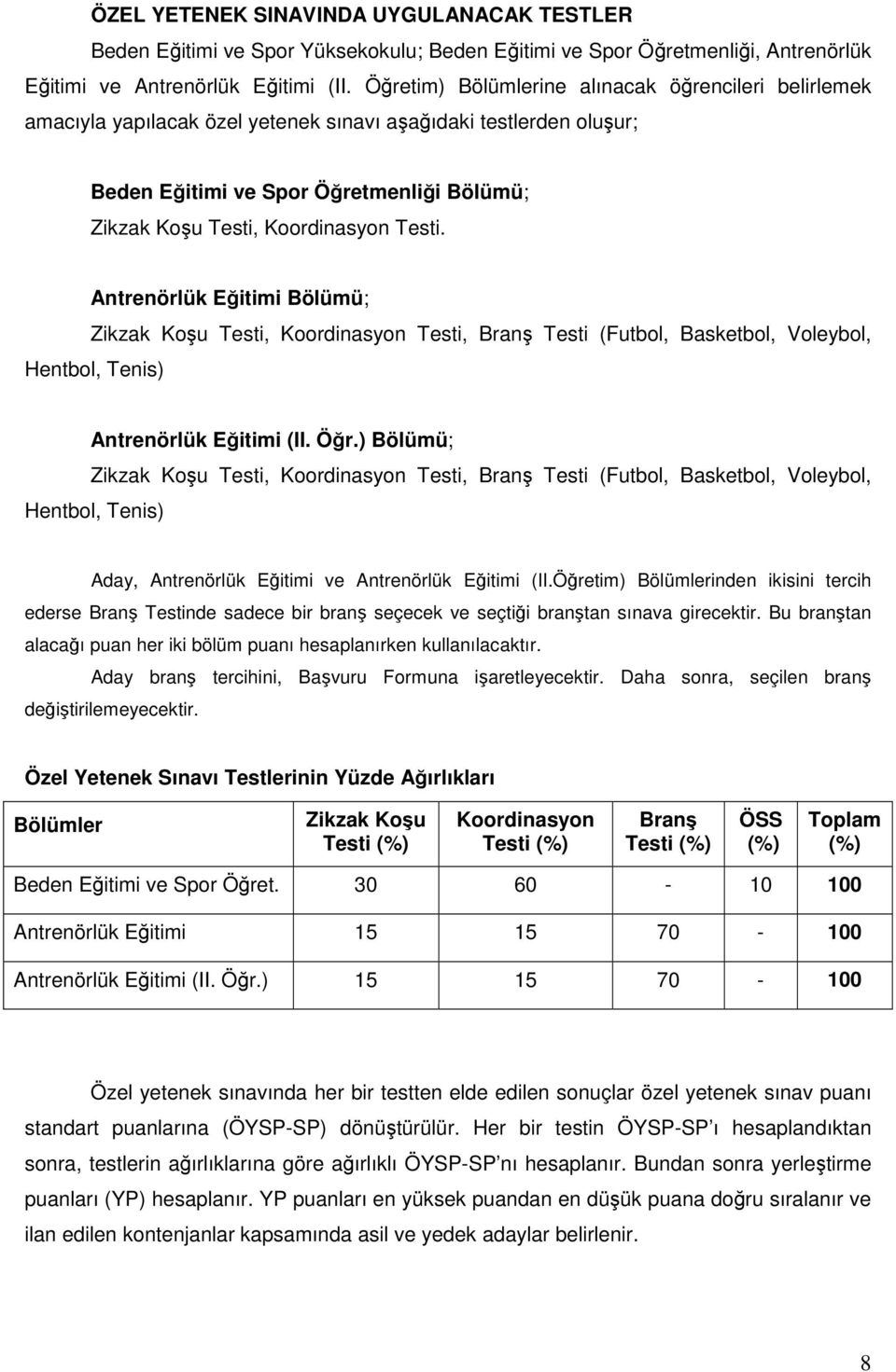 Testi. Antrenörlük Eğitimi Bölümü; Zikzak Koşu Testi, Koordinasyon Testi, Branş Testi (Futbol, Basketbol, Voleybol, Hentbol, Tenis) Antrenörlük Eğitimi (II. Öğr.