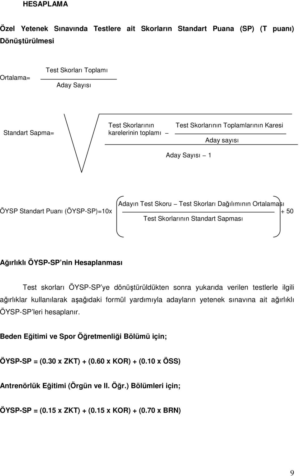 Ağırlıklı ÖYSP-SP nin Hesaplanması Test skorları ÖYSP-SP ye dönüştürüldükten sonra yukarıda verilen testlerle ilgili ağırlıklar kullanılarak aşağıdaki formül yardımıyla adayların yetenek sınavına ait