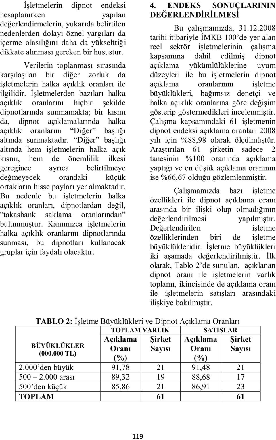 İşletmelerden bazıları halka açıklık oranlarını hiçbir şekilde dipnotlarında sunmamakta; bir kısmı da, dipnot açıklamalarında halka açıklık oranlarını Diğer başlığı altında sunmaktadır.