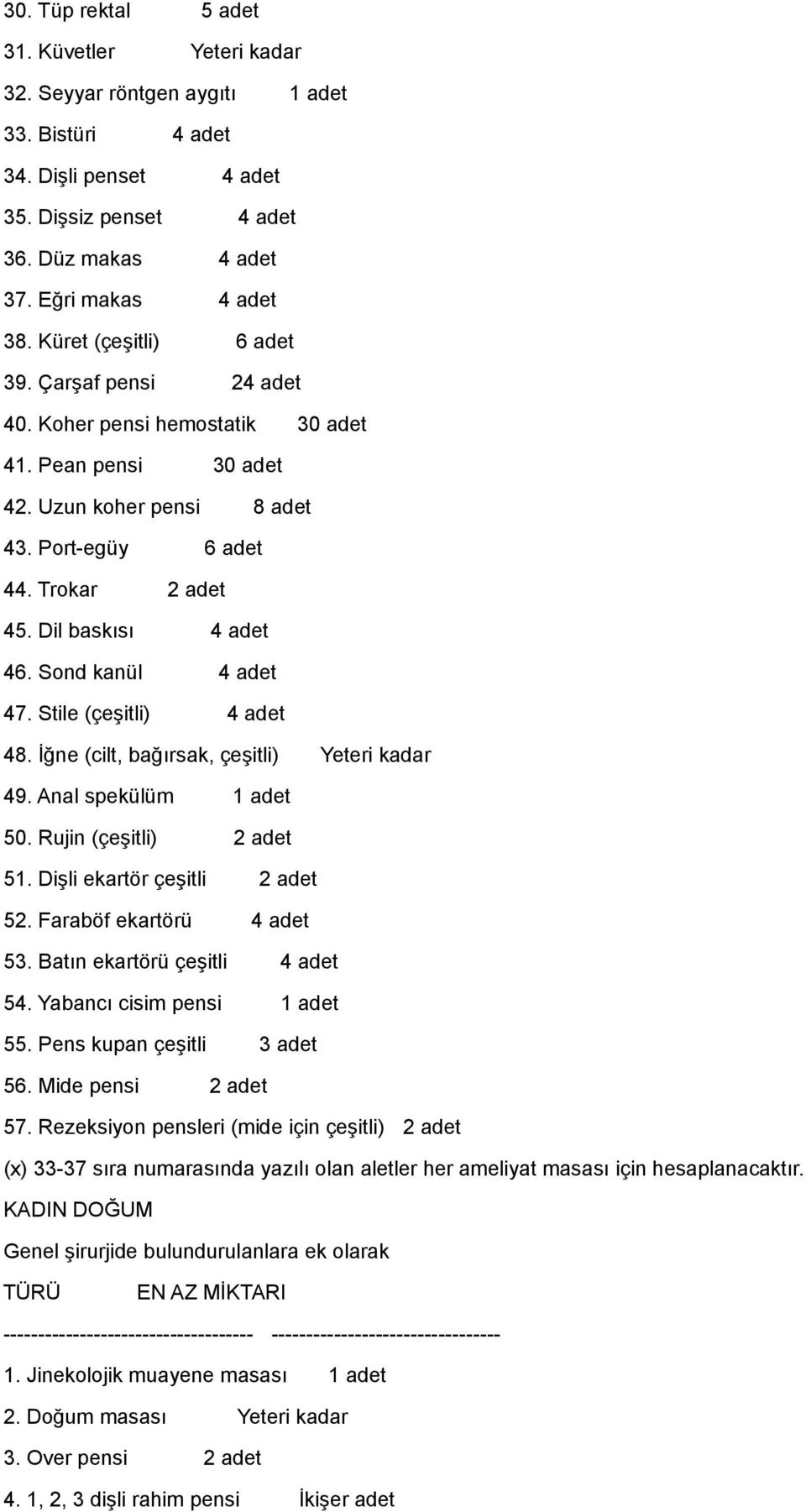 Sond kanül 4 adet 47. Stile (çeşitli) 4 adet 48. İğne (cilt, bağırsak, çeşitli) Yeteri kadar 49. Anal spekülüm 50. Rujin (çeşitli) 2 adet 51. Dişli ekartör çeşitli 2 adet 52.