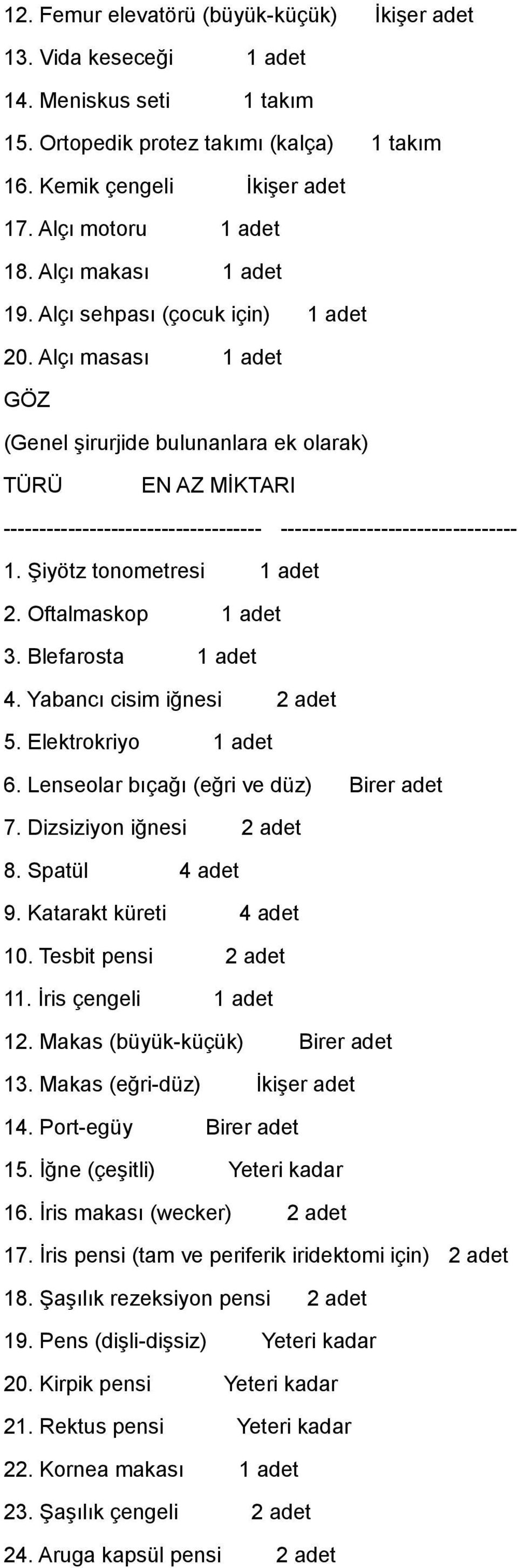 Lenseolar bıçağı (eğri ve düz) Birer adet 7. Dizsiziyon iğnesi 2 adet 8. Spatül 4 adet 9. Katarakt küreti 4 adet 10. Tesbit pensi 2 adet 11. İris çengeli 12. Makas (büyük-küçük) Birer adet 13.