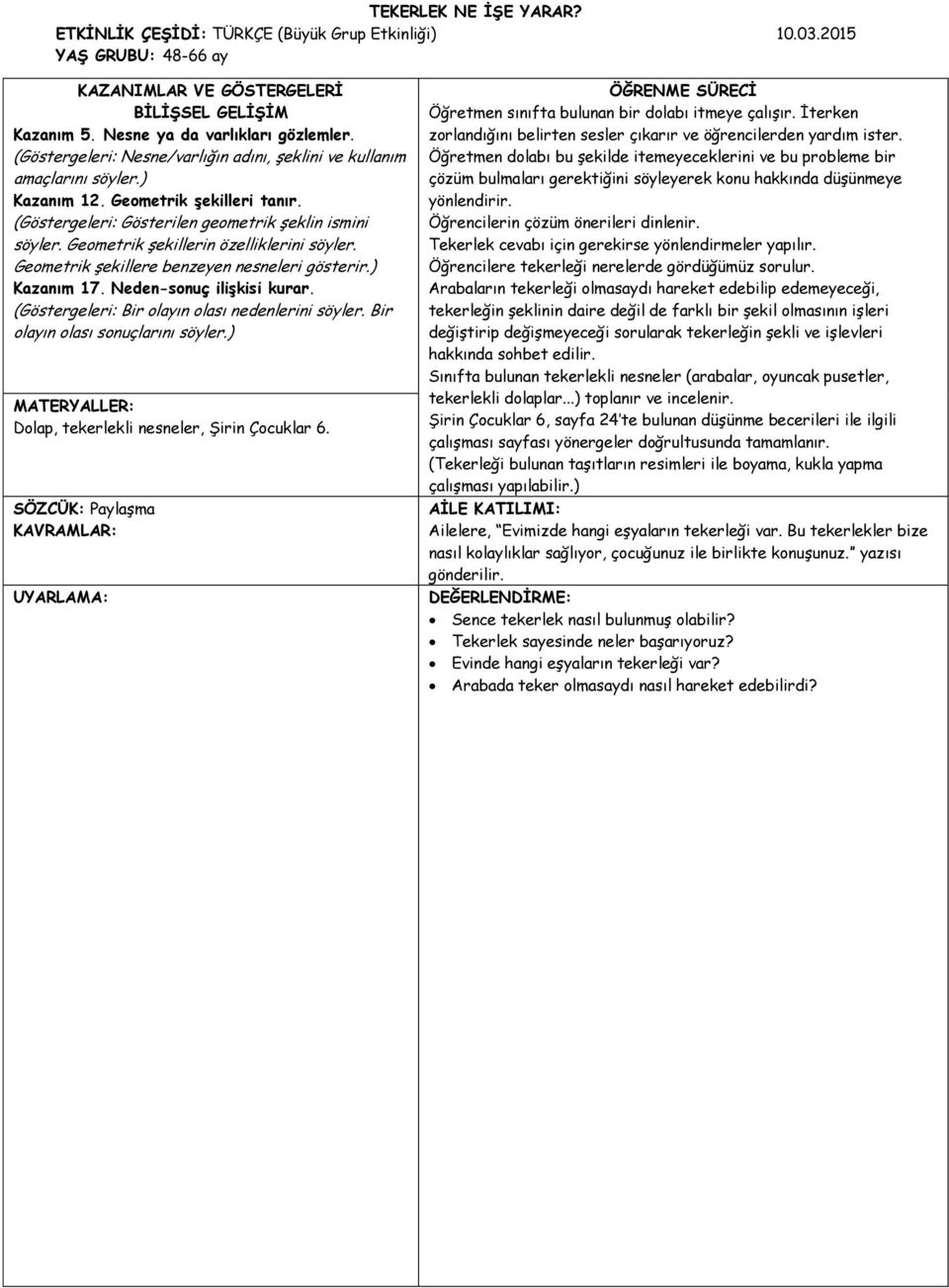 Geometrik şekillerin özelliklerini söyler. Geometrik şekillere benzeyen nesneleri gösterir.) Kazanım 17. Neden-sonuç ilişkisi kurar. (Göstergeleri: Bir olayın olası nedenlerini söyler.