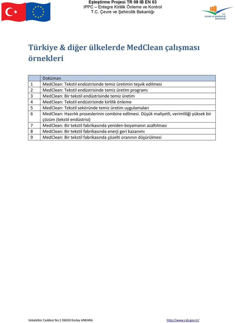 Çevre ve Şehircilik Bakanlığı Türkiye & diğer ülkelerde MedClean çalışması örnekleri Doküman 1 MedClean: Tekstil endüstrisinde temiz üretimin teşvik edilmesi 2 MedClean: Tekstil endüstrisinde temiz