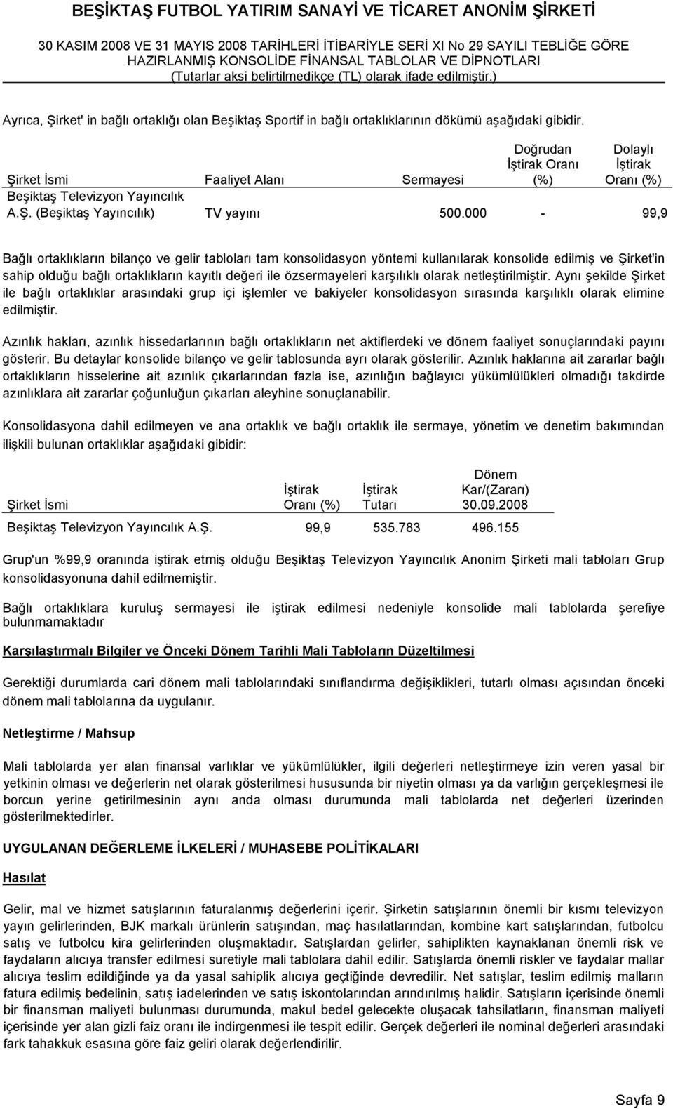 000-99,9 Bağlı ortaklıkların bilanço ve gelir tabloları tam konsolidasyon yöntemi kullanılarak konsolide edilmiş ve Şirket'in sahip olduğu bağlı ortaklıkların kayıtlı değeri ile özsermayeleri