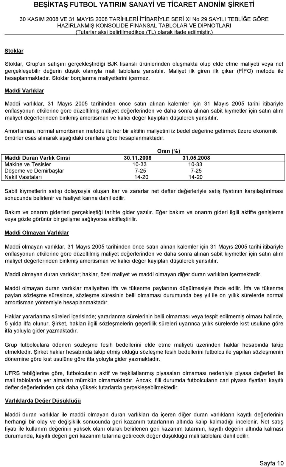 Maddi Varlıklar Maddi varlıklar, 31 Mayıs 2005 tarihinden önce satın alınan kalemler için 31 Mayıs 2005 tarihi itibariyle enflasyonun etkilerine göre düzeltilmiş maliyet değerlerinden ve daha sonra