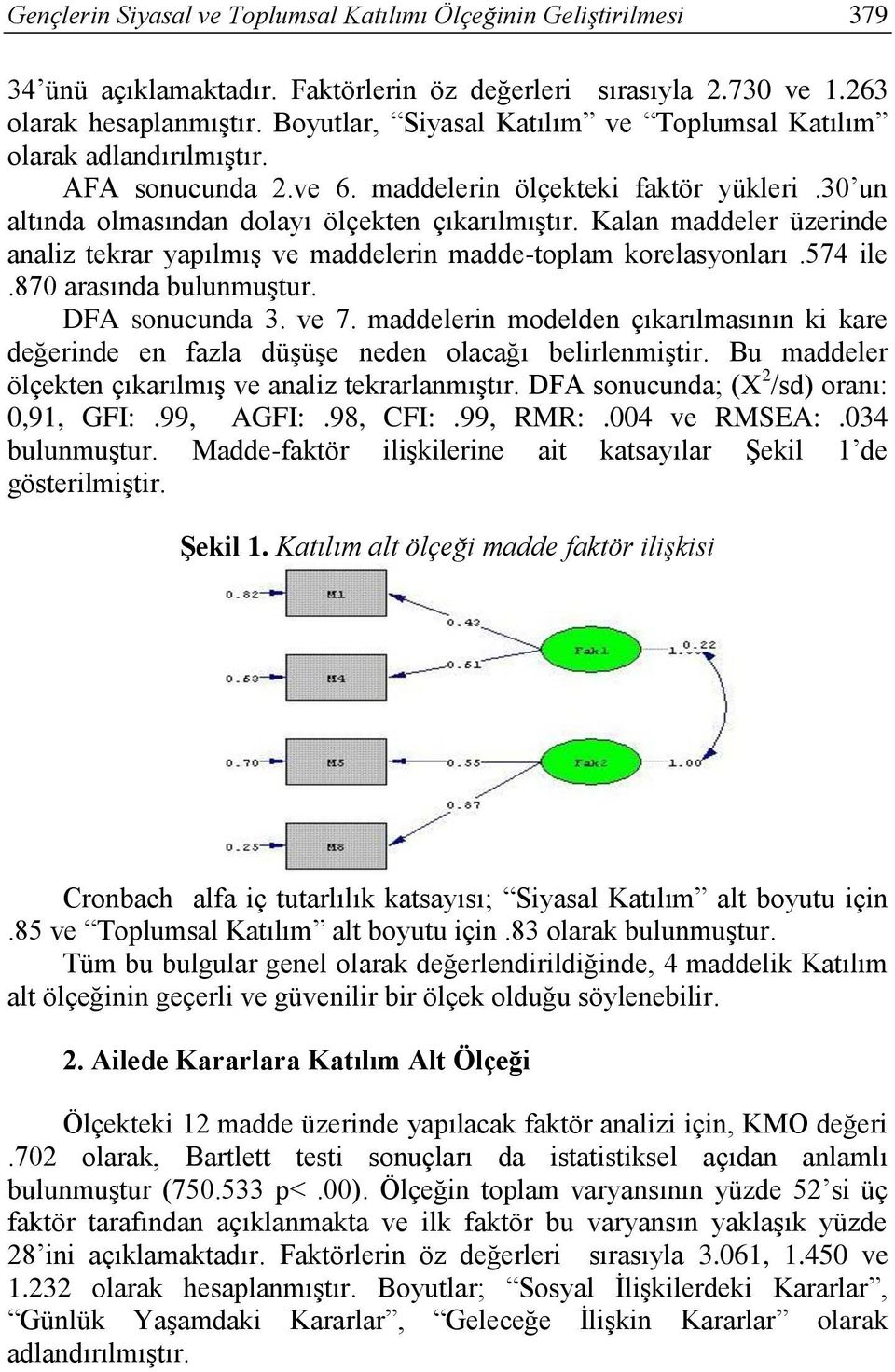 Kalan maddeler üzerinde analiz tekrar yapılmış ve maddelerin madde-toplam korelasyonları.574 ile.870 arasında bulunmuştur. DFA sonucunda 3. ve 7.