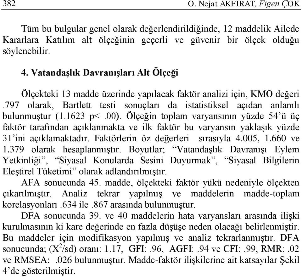 00). Ölçeğin toplam varyansının yüzde 54 ü üç faktör tarafından açıklanmakta ve ilk faktör bu varyansın yaklaşık yüzde 31 ini açıklamaktadır. Faktörlerin öz değerleri sırasıyla 4.005, 1.660 ve 1.