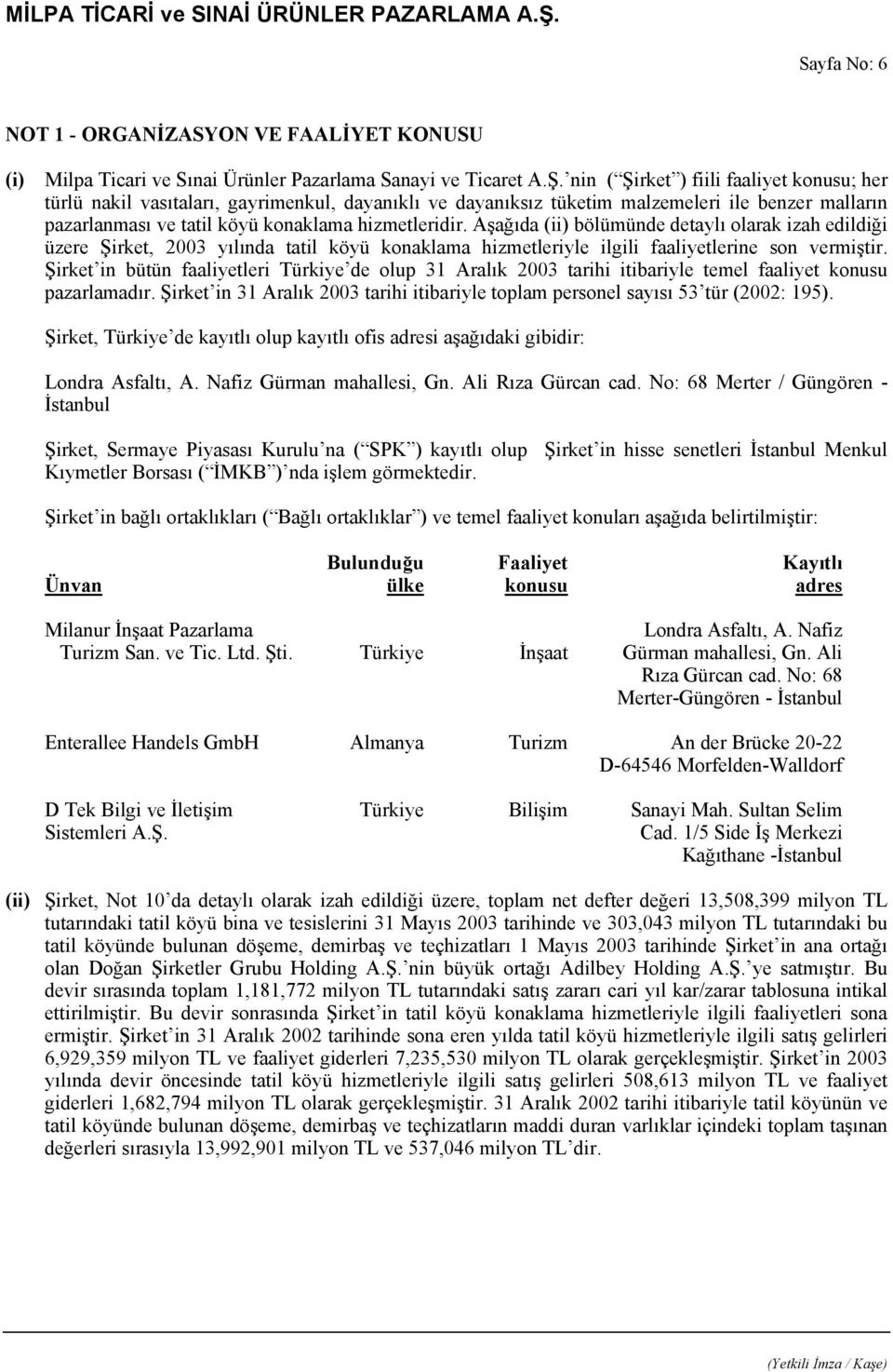 Aşağıda (ii) bölümünde detaylı olarak izah edildiği üzere Şirket, 2003 yılında tatil köyü konaklama hizmetleriyle ilgili faaliyetlerine son vermiştir.