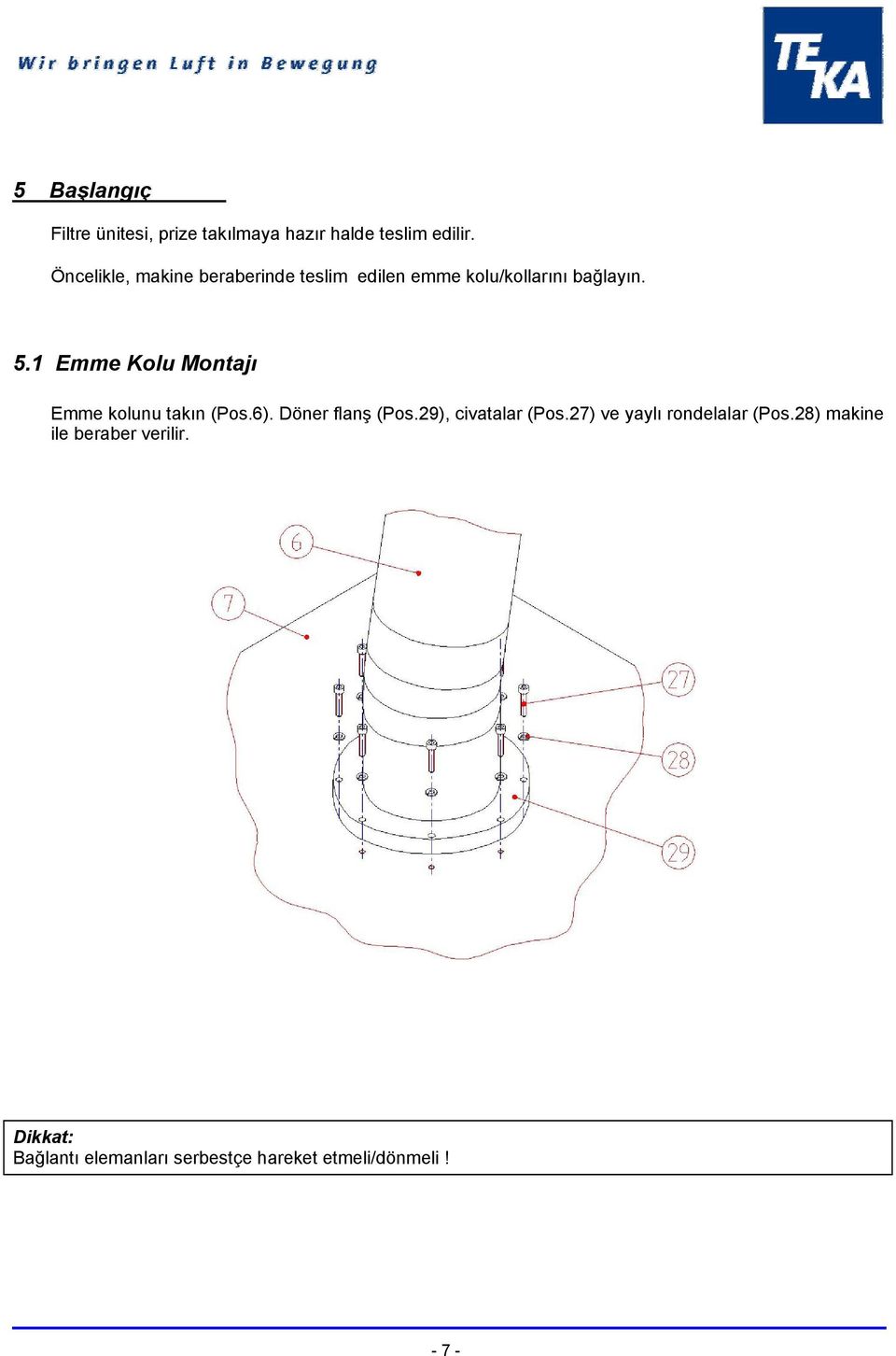 1 Emme Kolu Montajı Emme kolunu takın (Pos.6). Döner flanş (Pos.29), civatalar (Pos.
