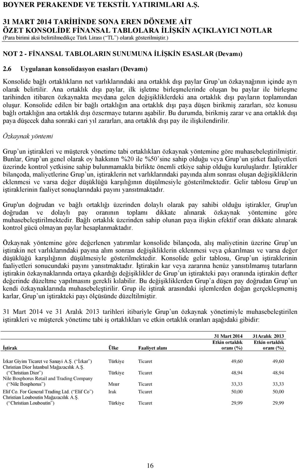 Ana ortaklık dışı paylar, ilk işletme birleşmelerinde oluşan bu paylar ile birleşme tarihinden itibaren özkaynakta meydana gelen değişikliklerdeki ana ortaklık dışı payların toplamından oluşur.