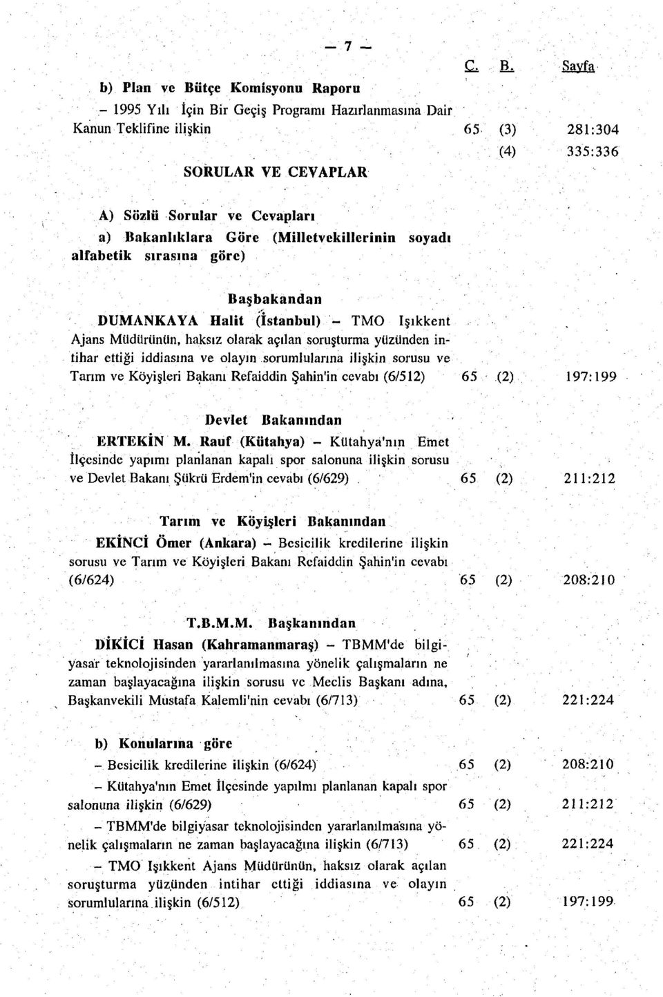 sorumlularına ilişkin sorusu ve Tarım ve Köyişleri Bakanı Refaiddin Şahin'in cevabı (6/512) 65 Devlet Bakanından ERTEKİN M.