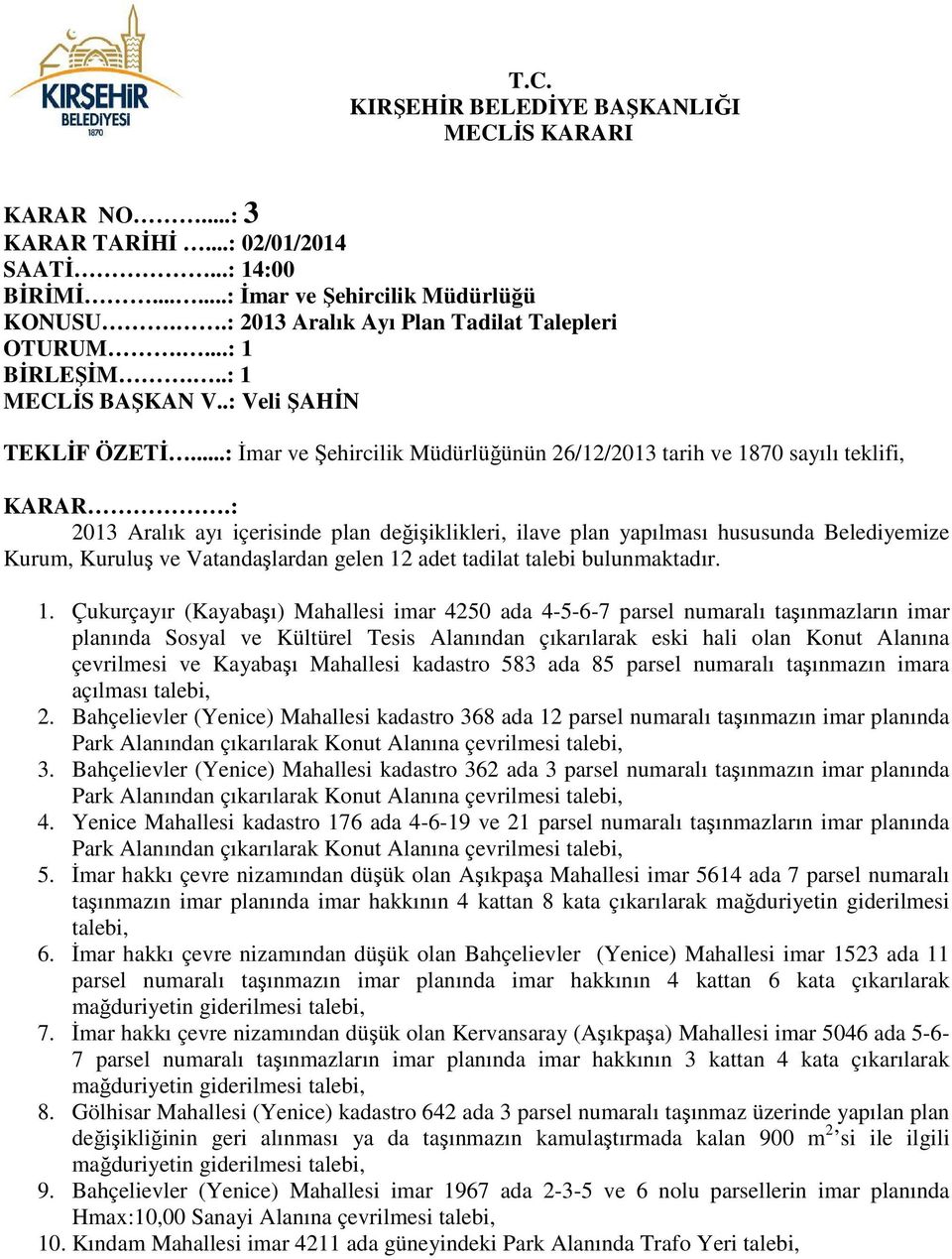 : 2013 Aralık ayı içerisinde plan değişiklikleri, ilave plan yapılması hususunda Belediyemize Kurum, Kuruluş ve Vatandaşlardan gelen 12