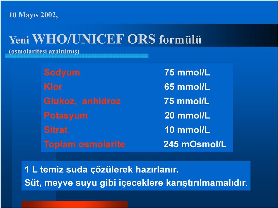 mmol/l Sitrat 10 mmol/l Toplam osmolarite 245 mosmol/l 1 L temiz suda