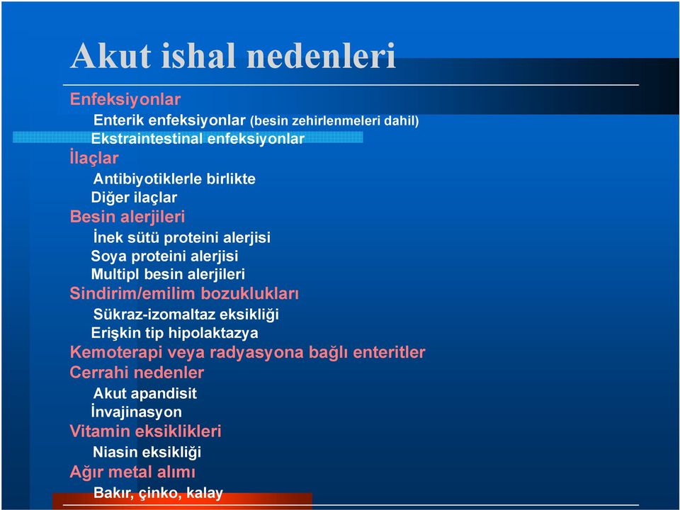 alerjileri Sindirim/emilim bozuklukları Sükraz-izomaltaz eksikliği Erişkin tip hipolaktazya Kemoterapi veya radyasyona bağlı