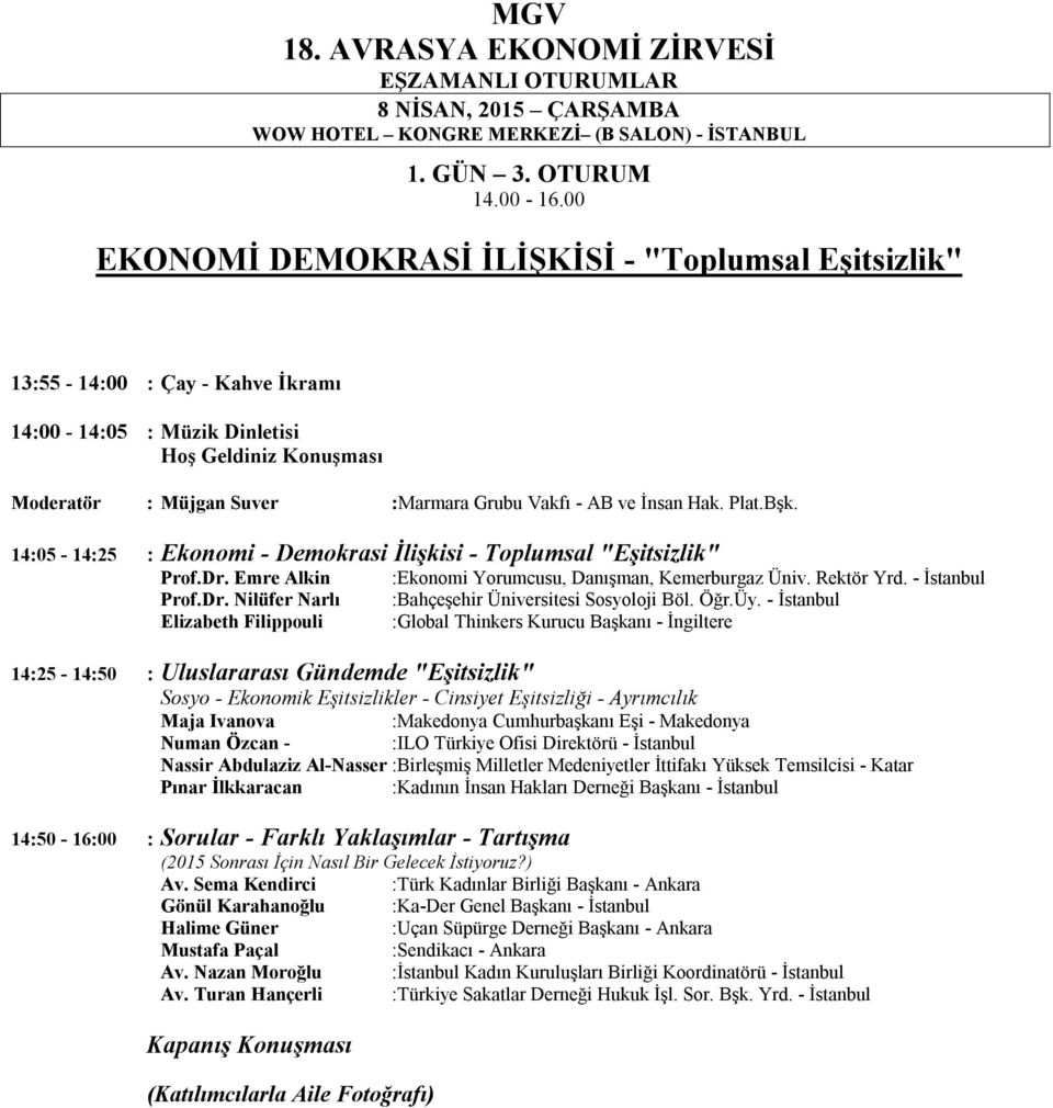 İnsan Hak. Plat.Bşk. 14:05-14:25 : Ekonomi - Demokrasi İlişkisi - Toplumsal "Eşitsizlik" Prof.Dr. Emre Alkin Prof.Dr. Nilüfer Narlı Elizabeth Filippouli :Ekonomi Yorumcusu, Danışman, Kemerburgaz Üniv.