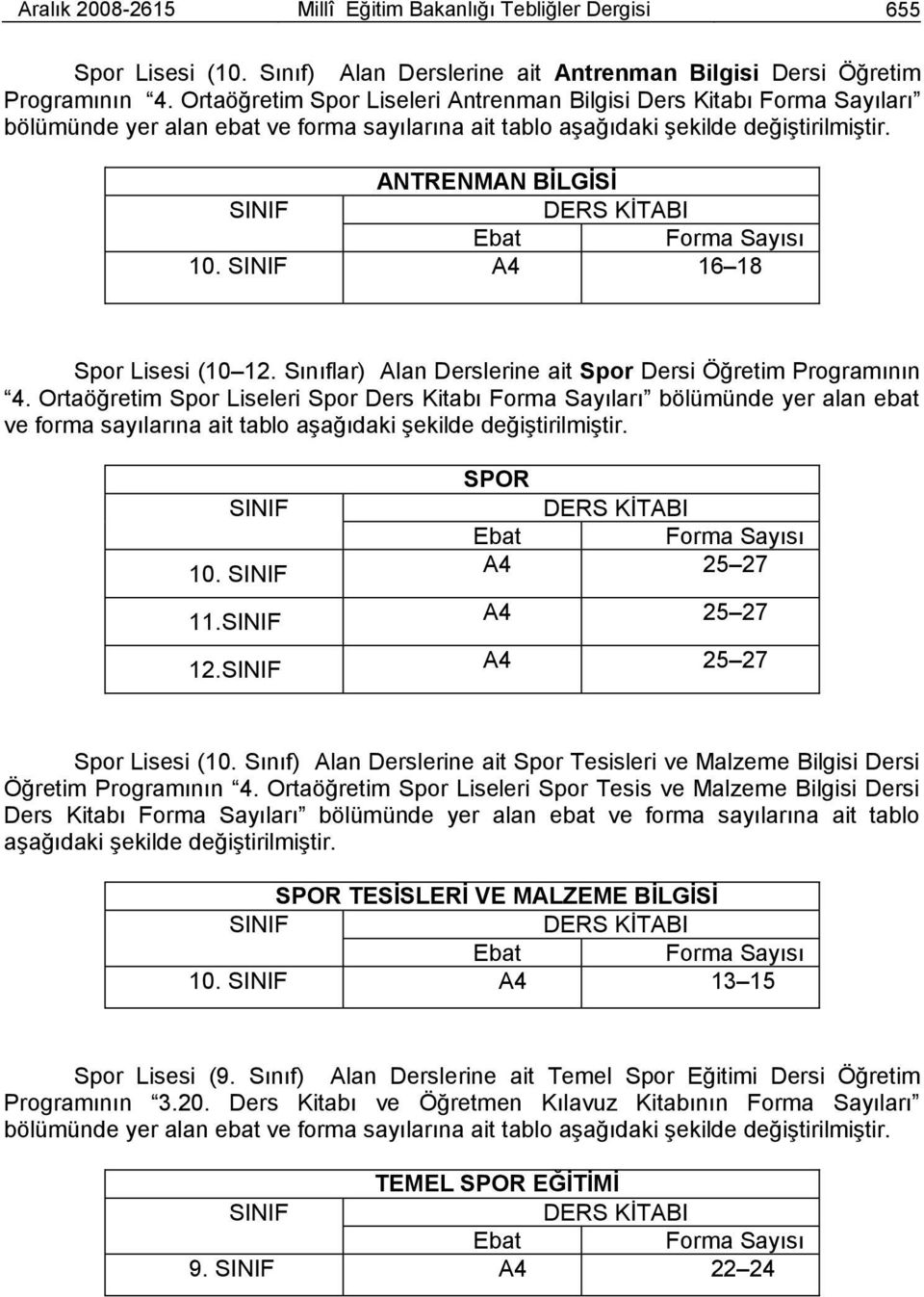 ANTRENMAN BĠLGĠSĠ SINIF DERS KĠTABI Ebat Forma Sayısı 10. SINIF A4 16 18 Spor Lisesi (10 12. Sınıflar) Alan Derslerine ait Spor Dersi Öğretim Programının 4.