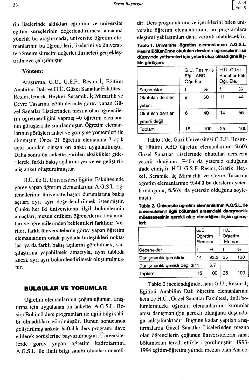 Tasarımı bölümlernde görev yapan Güzel Sanatlar Lselernden mezun olan öğrenlern öğretmenlğn yapmış 40 öğretm elemanının görüşler le sınırlanmıştır Öğretm elemanlarının görüşler anket ve görüşme