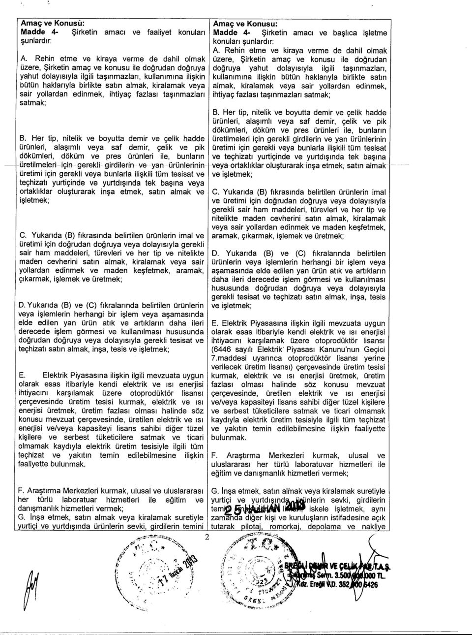 kin boton haklanyla birlikte satin almak, kiralamak veya sair yollardan edinmek, ihtiyat;: fazlasl tal?lnmazlan satmak; Amac; ve Konusu: Madde 4- $irketin amaci ve bal?llca il?letme konulan l?