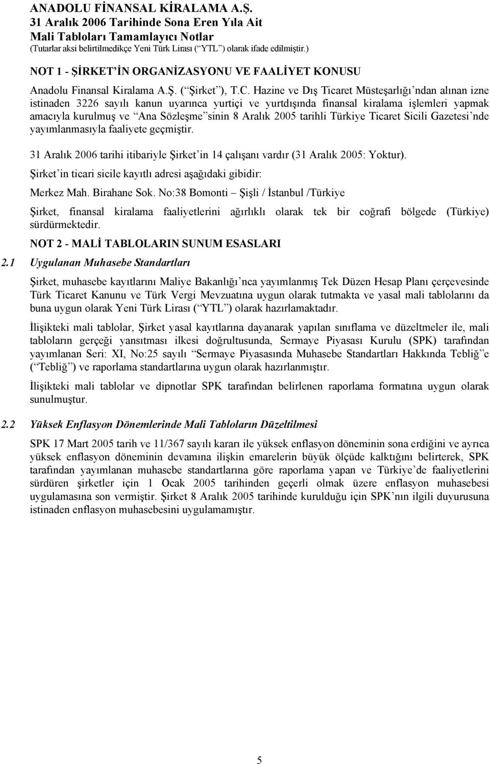 2005 tarihli Türkiye Ticaret Sicili Gazetesi nde yayımlanmasıyla faaliyete geçmiştir. 31 Aralık 2006 tarihi itibariyle Şirket in 14 çalışanı vardır (31 Aralık 2005: Yoktur).