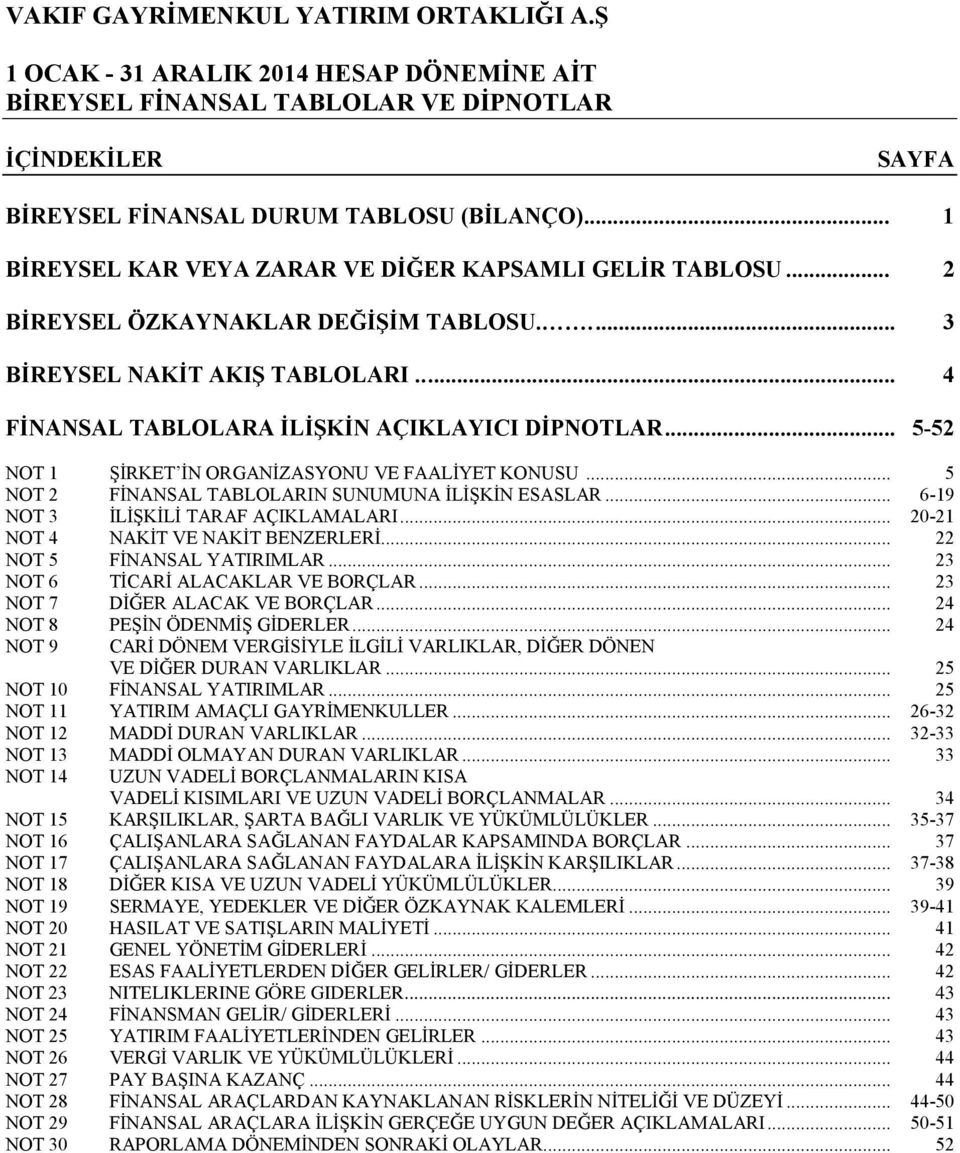 .. 5-52 NOT 1 ŞİRKET İN ORGANİZASYONU VE FAALİYET KONUSU... 5 NOT 2 FİNANSAL TABLOLARIN SUNUMUNA İLİŞKİN ESASLAR... 6-19 NOT 3 İLİŞKİLİ TARAF AÇIKLAMALARI... 20-21 NOT 4 NAKİT VE NAKİT BENZERLERİ.