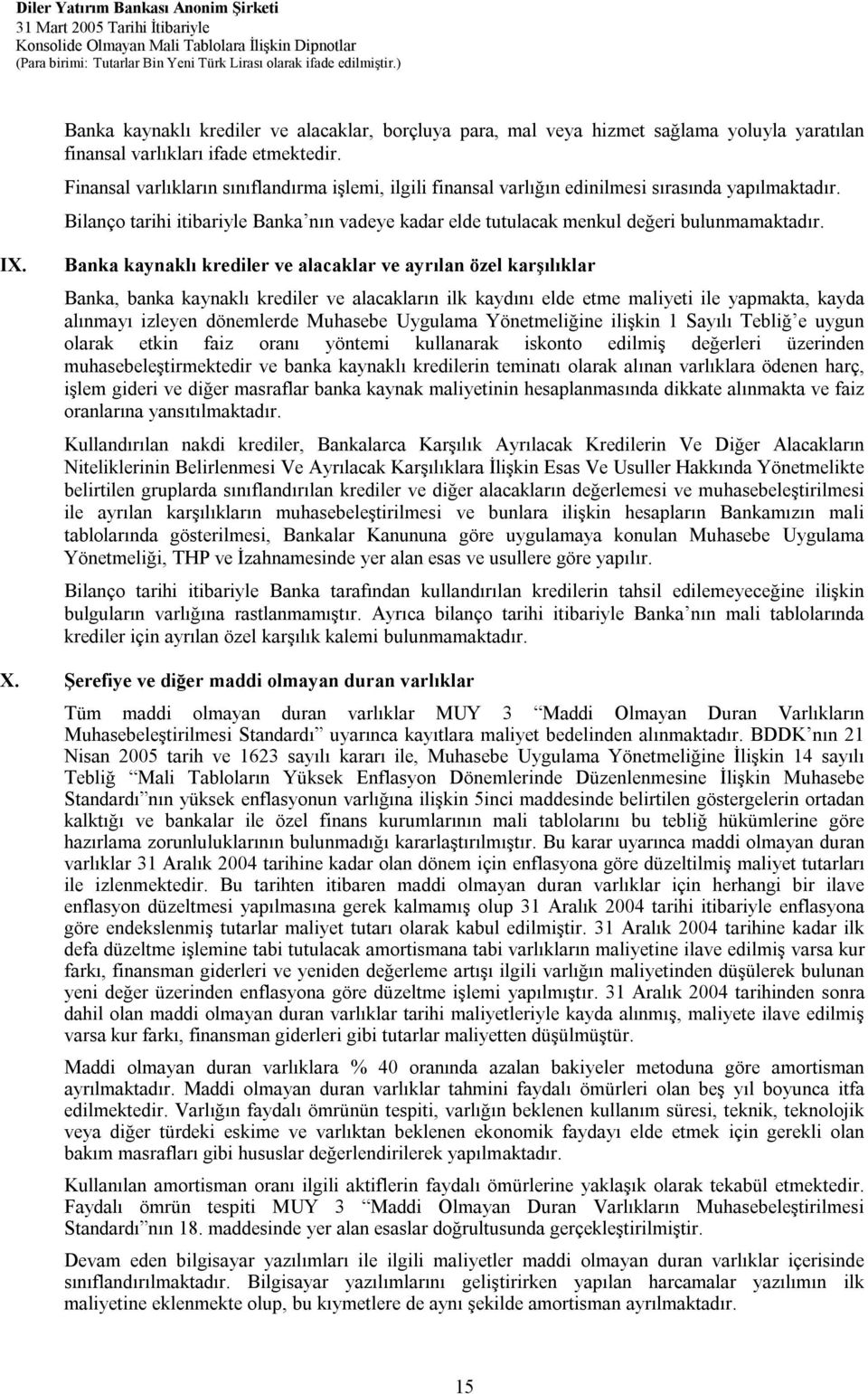 IX. Banka kaynaklı krediler ve alacaklar ve ayrılan özel karşılıklar Banka, banka kaynaklı krediler ve alacakların ilk kaydını elde etme maliyeti ile yapmakta, kayda alınmayı izleyen dönemlerde