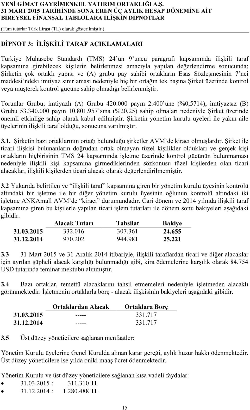 müşterek kontrol gücüne sahip olmadığı belirlenmiştir. Torunlar Grubu; imtiyazlı (A) Grubu 420.000 payın 2.400 üne (%0,5714), imtiyazsız (B) Grubu 53.340.000 payın 10.801.