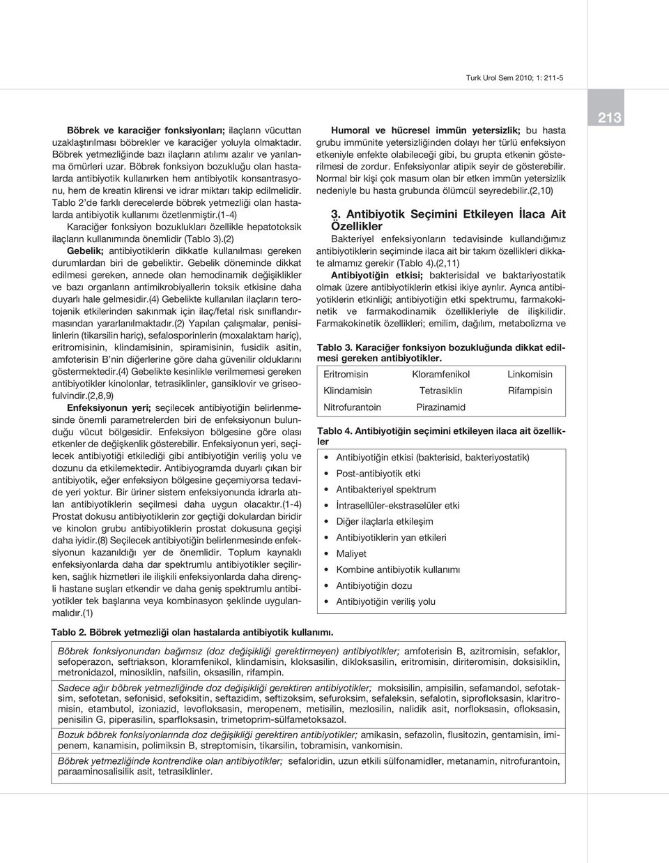 Tablo 2 de farklı derecelerde böbrek yetmezliği olan hastalarda antibiyotik kullanımı özetlenmiştir.