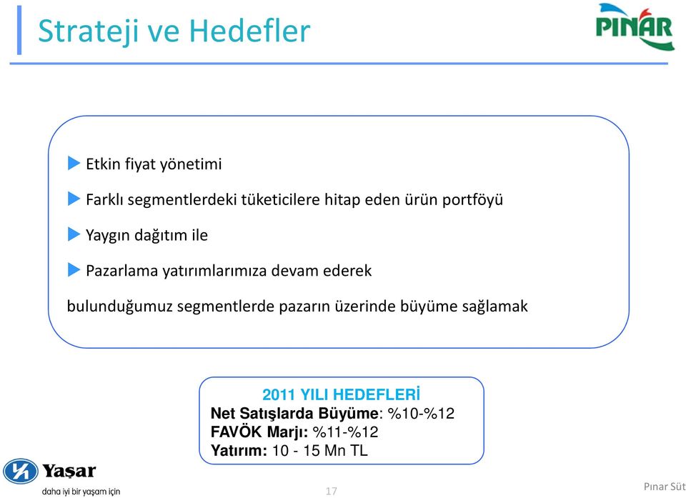 ederek bulunduğumuz segmentlerde pazarın üzerinde büyüme sağlamak 2011 YILI