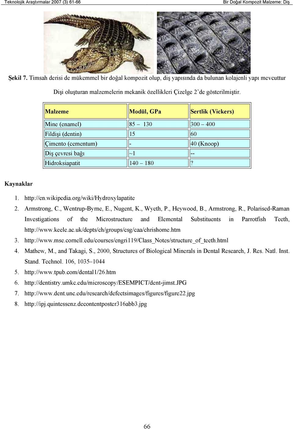 Malzeme Modül, GPa Sertlik (Vickers) Mine (enamel) 85 130 300 400 Fildişi (dentin) 15 60 Çimento (cementum) - 40 (Knoop) Diş çevresi bağı ~1 -- Hidroksiapatit 140 180? Kaynaklar 1. http://en.