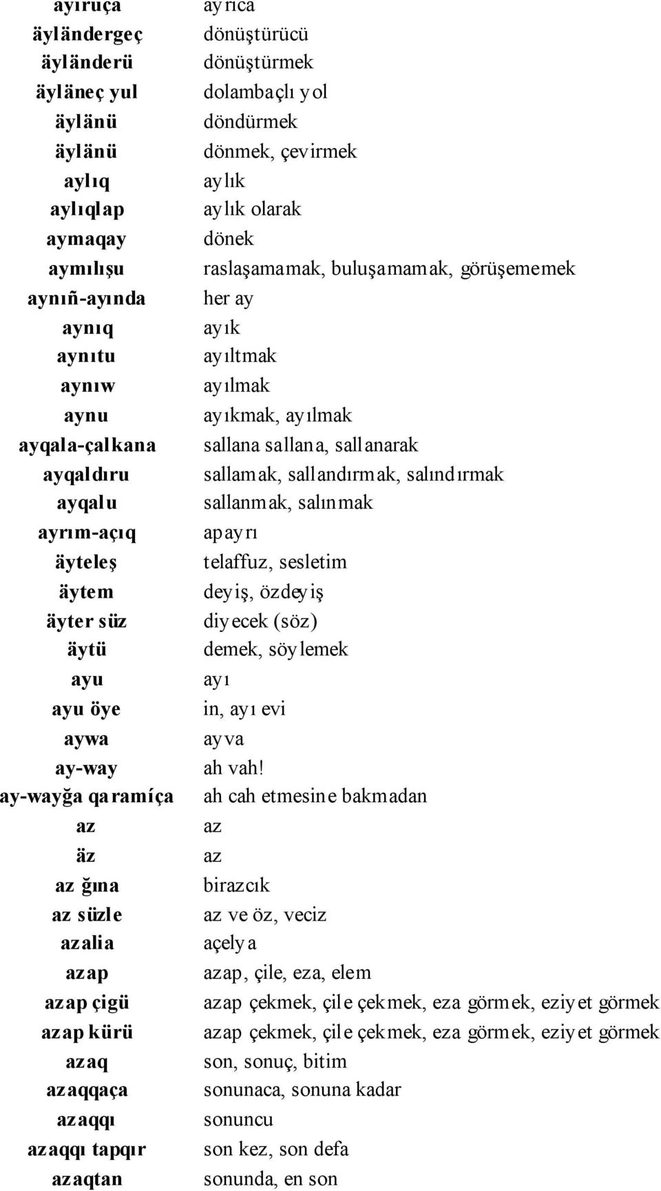 dönmek, çevirmek aylık aylık olarak dönek raslaşamamak, buluşamamak, görüşememek her ay ayık ayıltmak ayılmak ayıkmak, ayılmak sallana sallana, sallanarak sallamak, sallandırmak, salındırmak