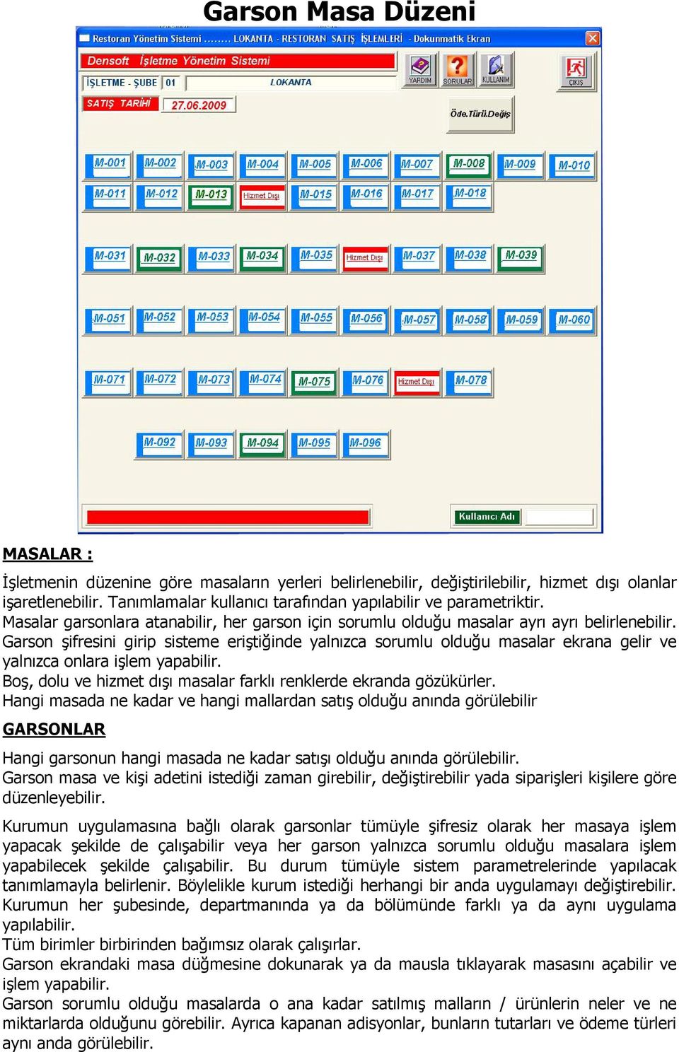 Garson şifresini girip sisteme eriştiğinde yalnızca sorumlu olduğu masalar ekrana gelir ve yalnızca onlara işlem yapabilir. Boş, dolu ve hizmet dışı masalar farklı renklerde ekranda gözükürler.