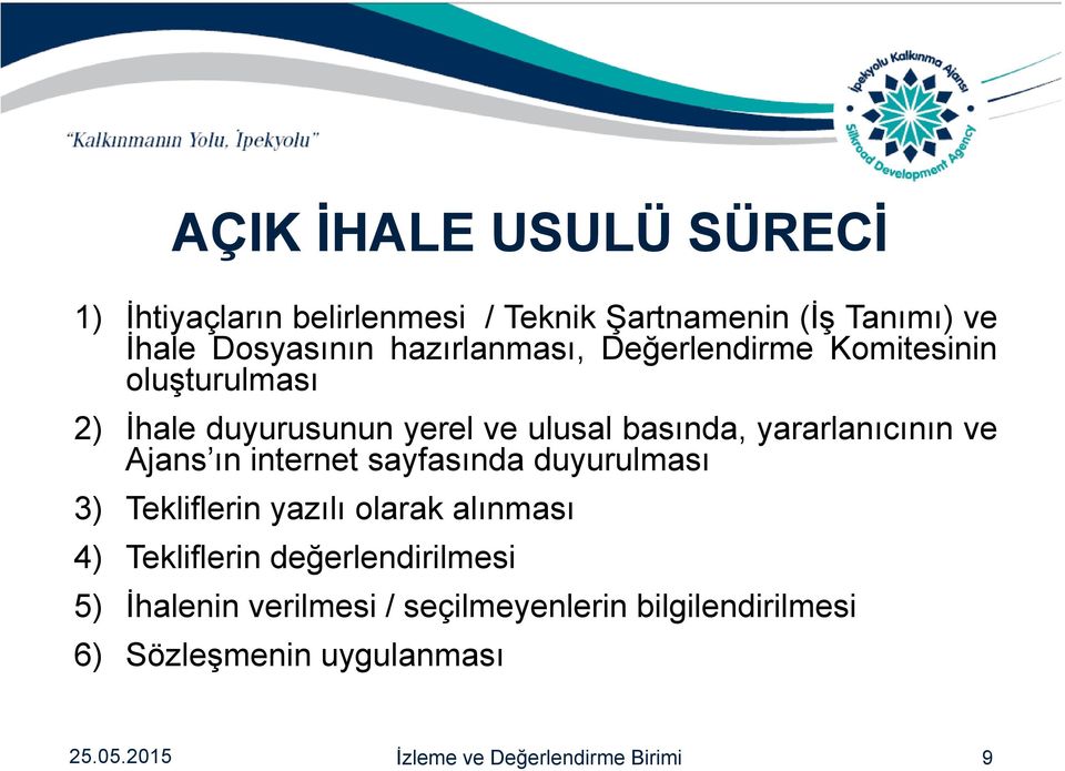 ve Ajans ın internet sayfasında duyurulması 3) Tekliflerin yazılı olarak alınması 4) Tekliflerin değerlendirilmesi