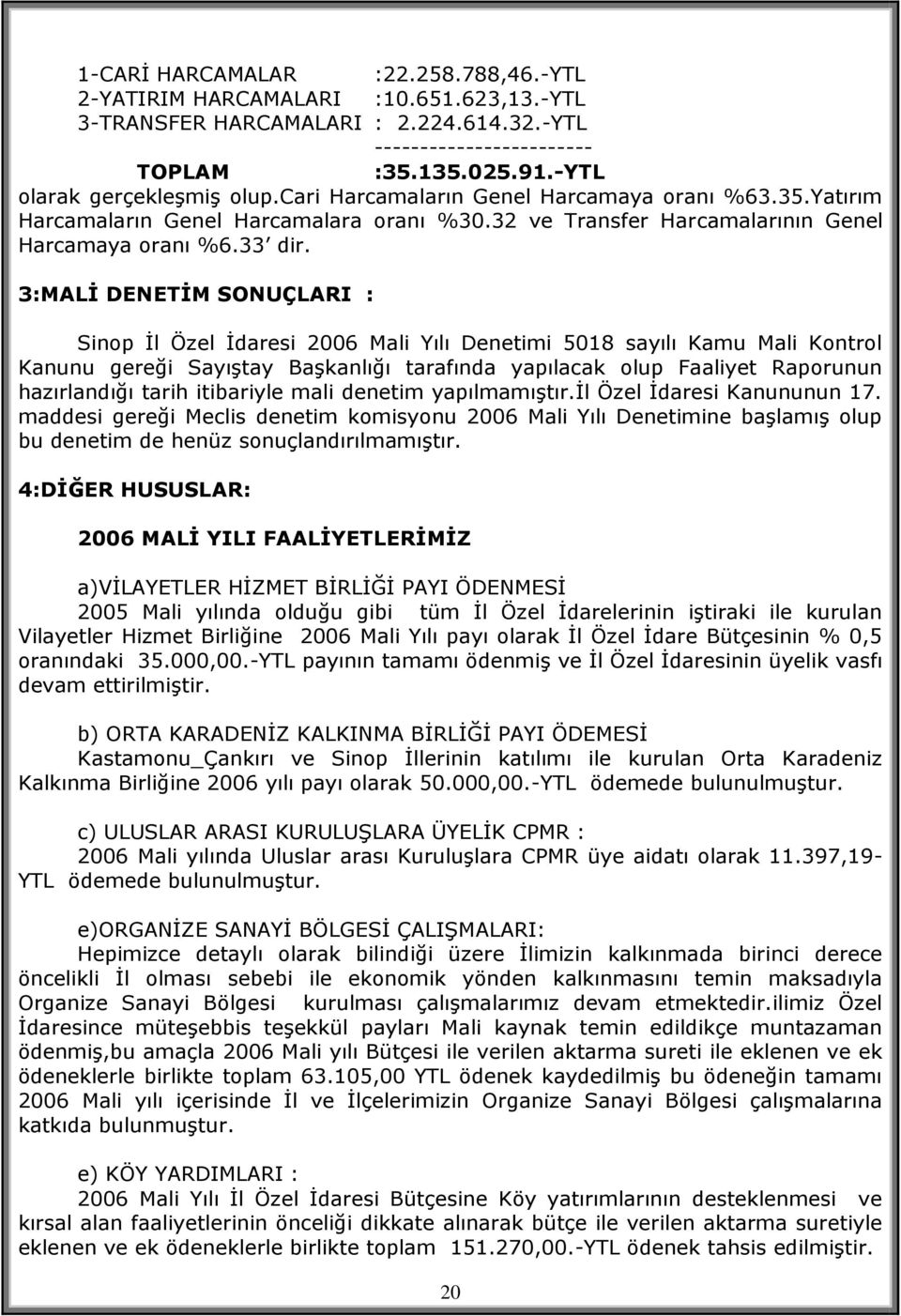 3:MALĠ DENETĠM SONUÇLARI : Sinop Ġl Özel Ġdaresi 2006 Mali Yılı Denetimi 5018 sayılı Kamu Mali Kontrol Kanunu gereği SayıĢtay BaĢkanlığı tarafında yapılacak olup Faaliyet Raporunun hazırlandığı tarih