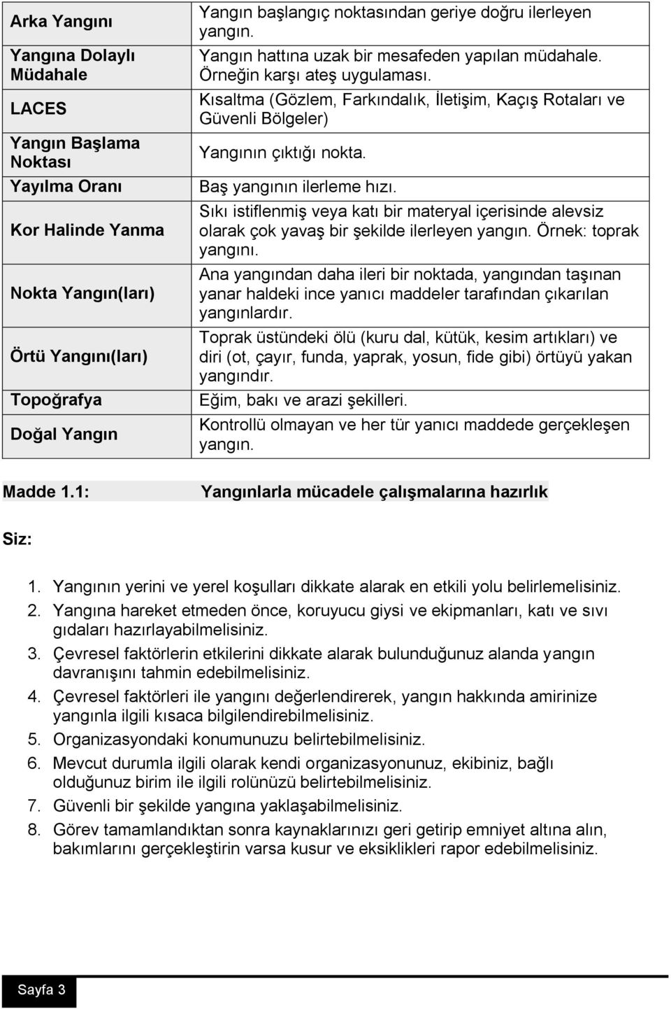 Kısaltma (Gözlem, Farkındalık, İletişim, Kaçış Rotaları ve Güvenli Bölgeler) Yangının çıktığı nokta. Baş yangının ilerleme hızı.