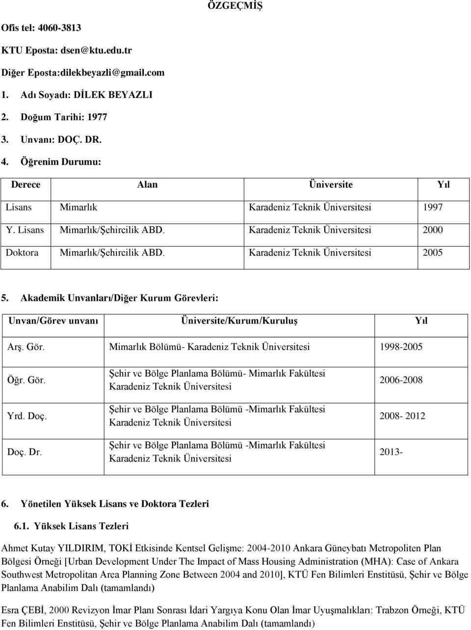 Akademik Unvanları/Diğer Kurum Görevleri: Unvan/Görev unvanı Üniversite/Kurum/Kuruluş Yıl Arş. Gör. Mimarlık Bölümü- Karadeniz Teknik Üniversitesi 1998-2005 Öğr. Gör. Yrd. Doç. Doç. Dr.