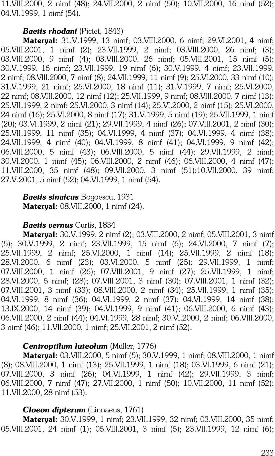 VII.1999, 2 nimf; 08.VIII.2000, 7 nimf (8); 24.VII.1999, 11 nimf (9); 25.VI.2000, 33 nimf (10); 31.V.1999, 21 nimf; 25.VI.2000, 18 nimf (11); 31.V.1999, 7 nimf; 25.VI.2000, 22 nimf; 08.VIII.2000, 12 nimf (12); 25.